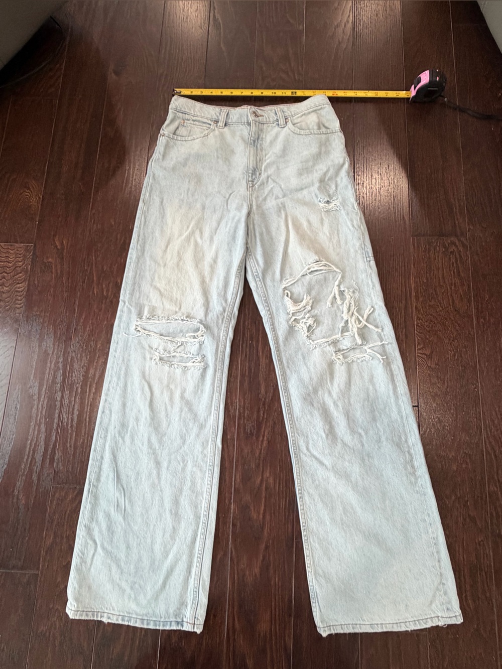 We The Free by Free People Maggie Mid Rise Straight Blue Distress Jean Size 30